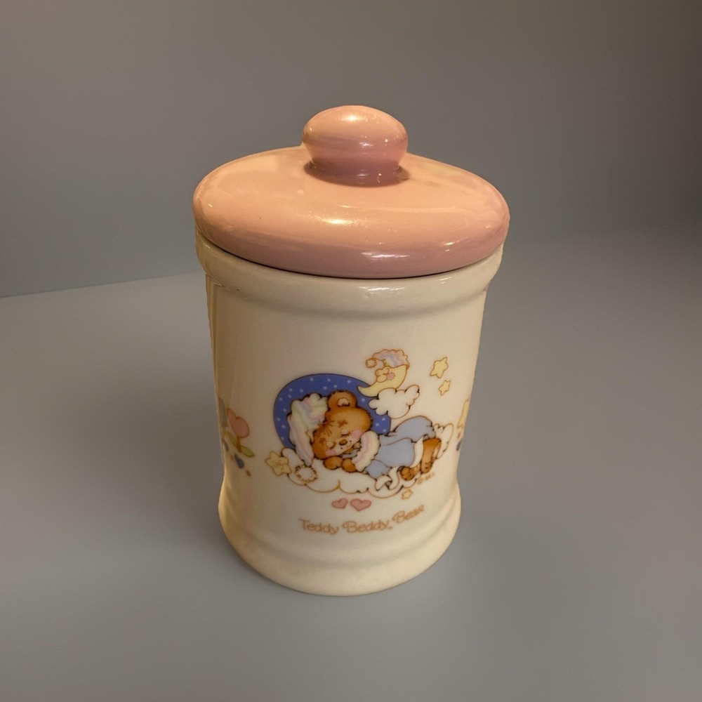 Vtg Teddy Beddy Bear Nursery Dresser Jar Rare Pink Lid 1982 Enesco Baby Morgan